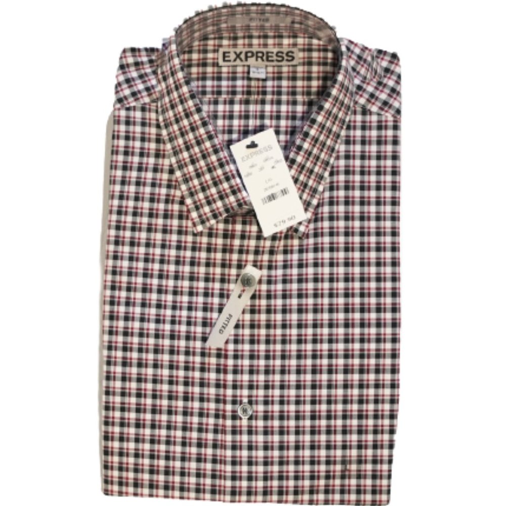 Express 1MX Men's Fitted Cotton Plaid Slim Dress Shirt Large Black Red NEW